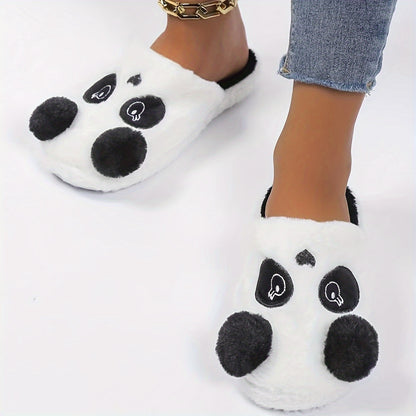 Cute Cartoon Panda Fluffy Home Slippers, Soft Sole Closed Toe Plush Lined Shoes, Non-slip Bedroom Mute Slippers, Winter & Autumn