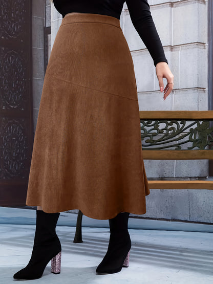 vlovelaw Plus Size Elegant Skirt, Women's Plus Solid Corduroy High Rise Midi A-line All-match Skirt