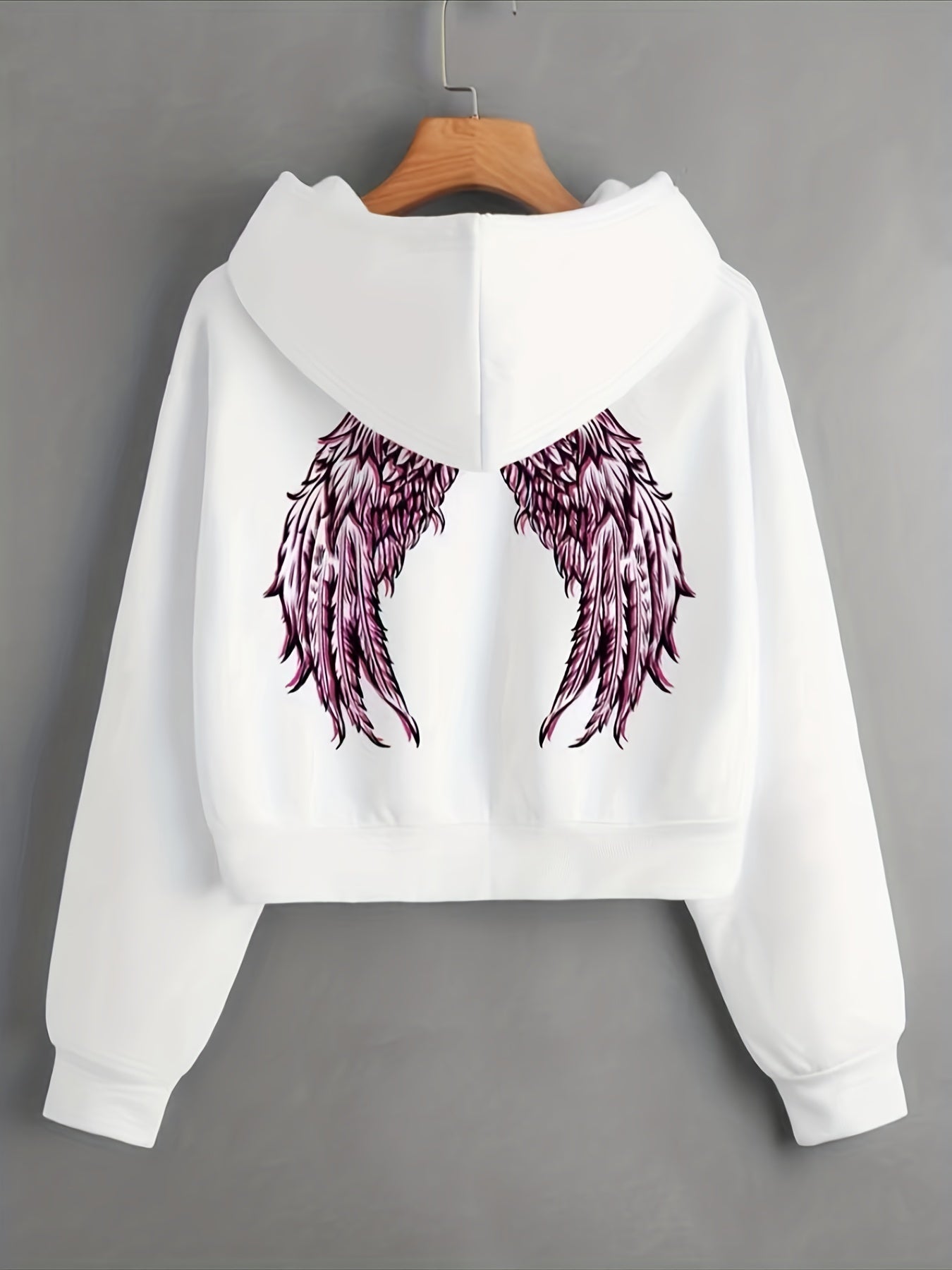 vlovelaw  Wings Print Thermal Lined Drawstring Crop Sweatshirt, Long Sleeve Casual Sports Hoodie, Women's Athleisure