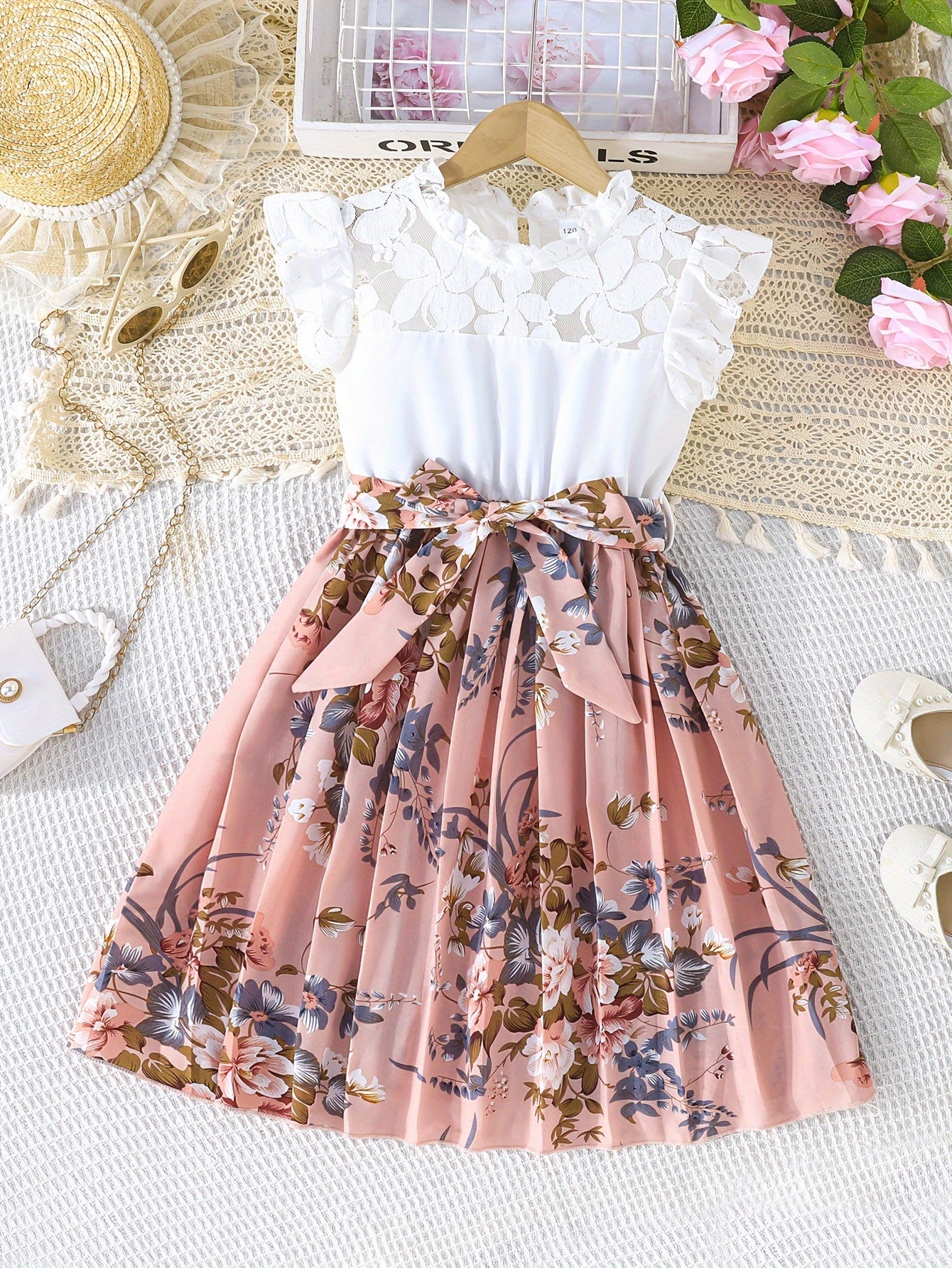 Summer Blooms Girls Dress - Lace Accented Pleated Floral Print with Belt for Holiday Wear