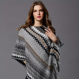 vlovelaw Boho Wavy Striped Knitted Shawl Vintage Tassel Pullover Poncho Autumn Winter Windproof Loose Elastic Cloak