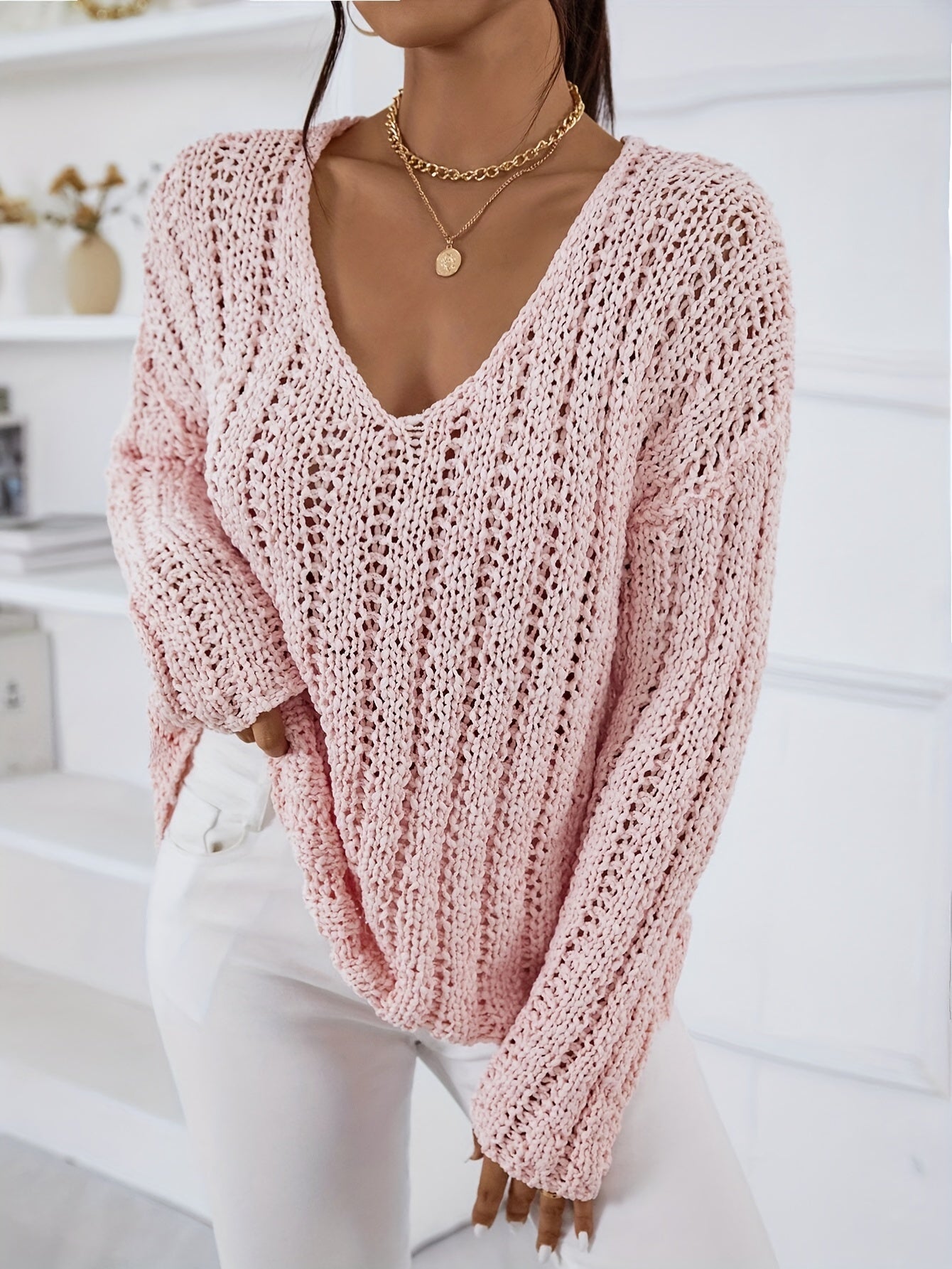 vlovelaw  Solid Eyelet V Neck Pullover Sweater, Casual Long Sleeve Drop Shoulder Knit Sweater, Women's Clothing