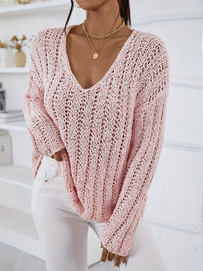 vlovelaw  Solid Eyelet V Neck Pullover Sweater, Casual Long Sleeve Drop Shoulder Knit Sweater, Women's Clothing