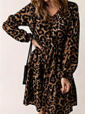 Leopard Print Ruffle Hem Dress, Vintage V Neck Long Sleeve Dress, Women's Clothing