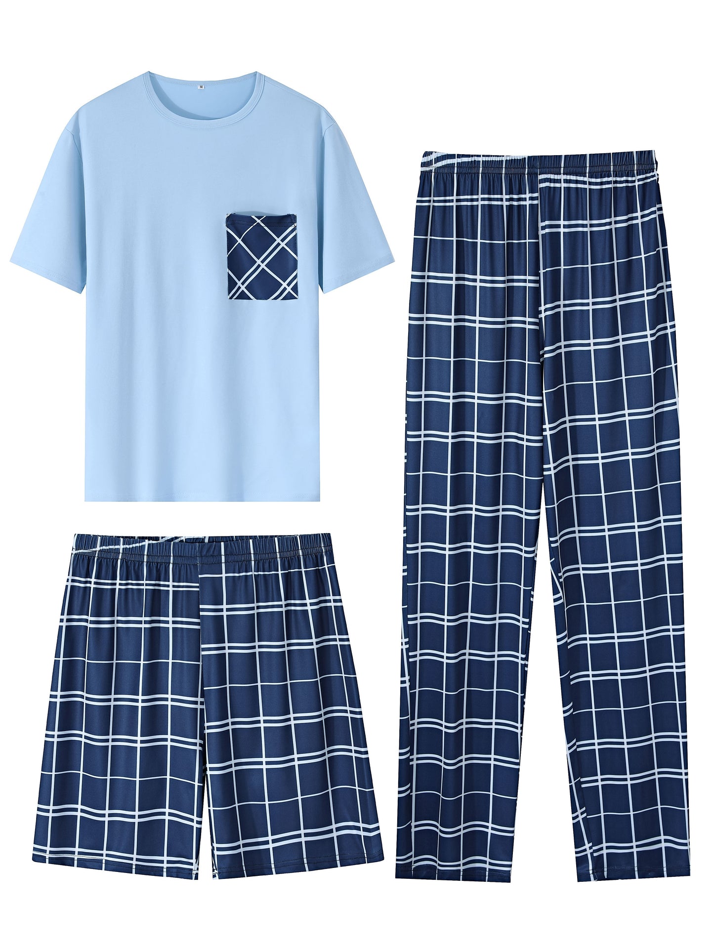 3-Piece Men's Comfort Loungewear Set - Trendy Short Sleeve Crew Neck T-Shirt, Plaid Stretchy Shorts & Pants - Relaxed Elastic Waistband - Casual Home Wear