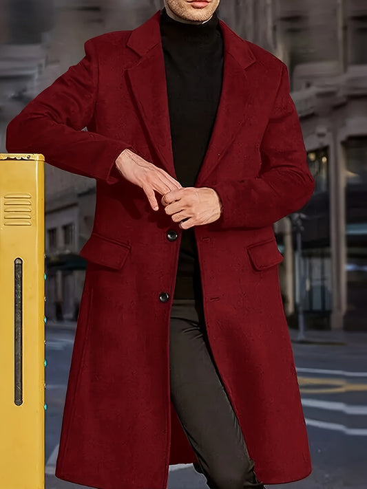 Plus Size Polyester Men's Trench Coat, Loose Fit Solid Color Overcoat with Lapel Collar and Button Details for Fall Season Woven Long Coat