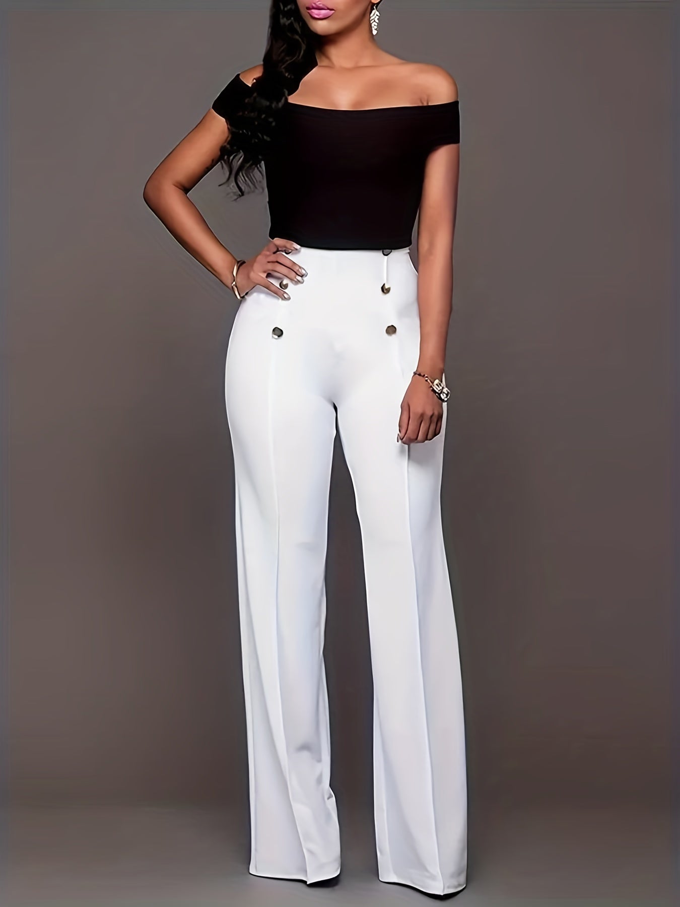 vlovelaw Plus Size Casual Pants, Women's Plus Solid Button Decor High Rise Elastic Straight Leg Pants