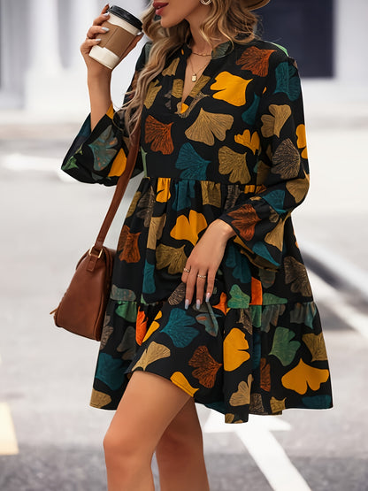 vlovelaw  Colorful Leaf Print V Neck Dress, Casual Cinched Waist Long Sleeve Tiered Dress, Women's Clothing