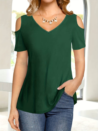 vlovelaw Cold Shoulder V Neck T-Shirt, Casual Short Sleeve T-Shirt For Spring & Summer, Women's Clothing