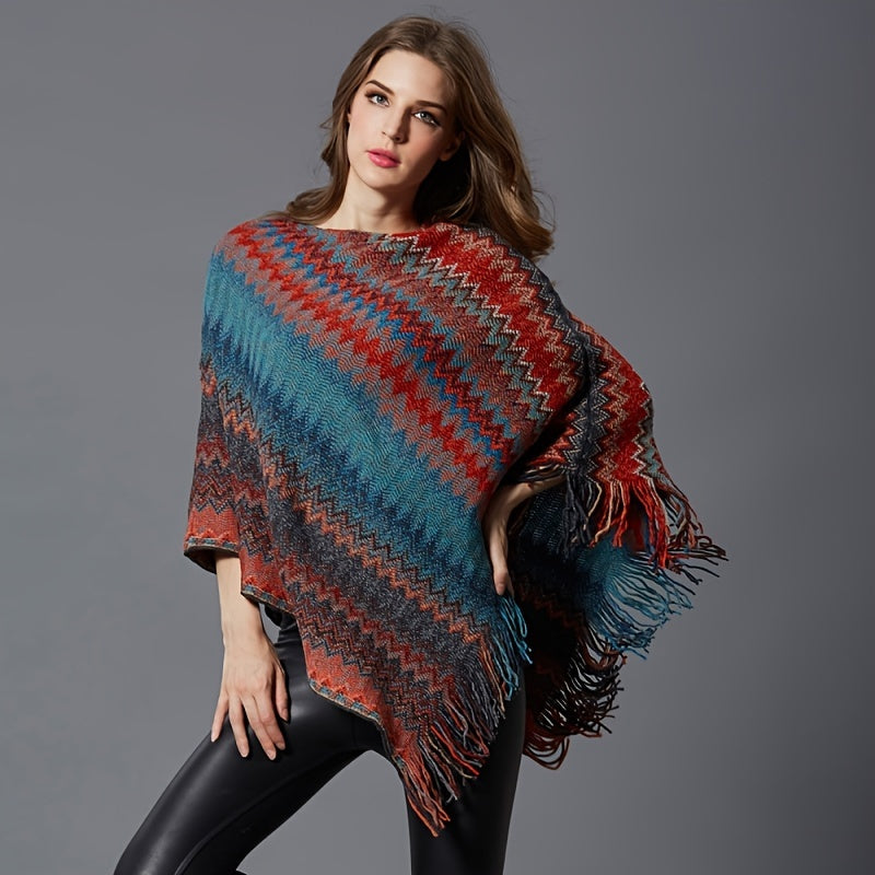 vlovelaw Boho Wavy Striped Knitted Shawl Vintage Tassel Pullover Poncho Autumn Winter Windproof Loose Elastic Cloak