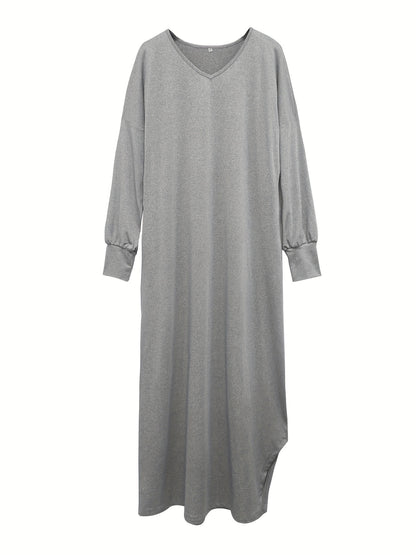 Solid Simple Dress, Casual V Neck Long Sleeve Split Dress, Women's Clothing