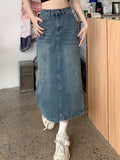 vlovelaw Split Back High Waist Denim Midi Skirt, Fashion Non-stretch A-line Elegant Denim Skirt, Women's Denim Clothing