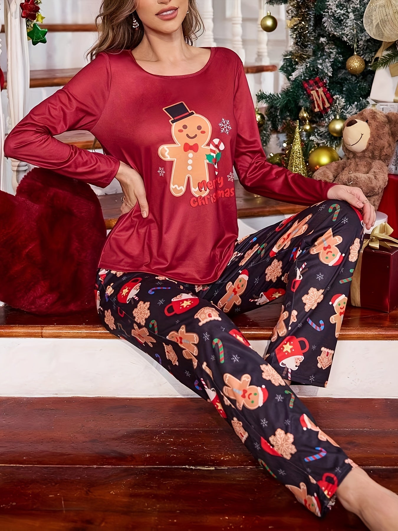 Women's Christmas Gingerbread Man & Slogan Print Pajama Set, Long Sleeve Round Neck Top & Pants, Comfortable Relaxed Fit For Fall