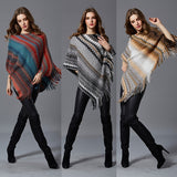 vlovelaw Boho Wavy Striped Knitted Shawl Vintage Tassel Pullover Poncho Autumn Winter Windproof Loose Elastic Cloak