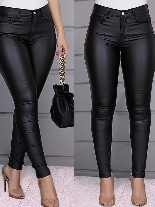 vlovelaw Black Leather Look Skinny Jeans, High Stretch Slim Fit Chic Tight Jeans, Women's Denim Jeans & Clothing