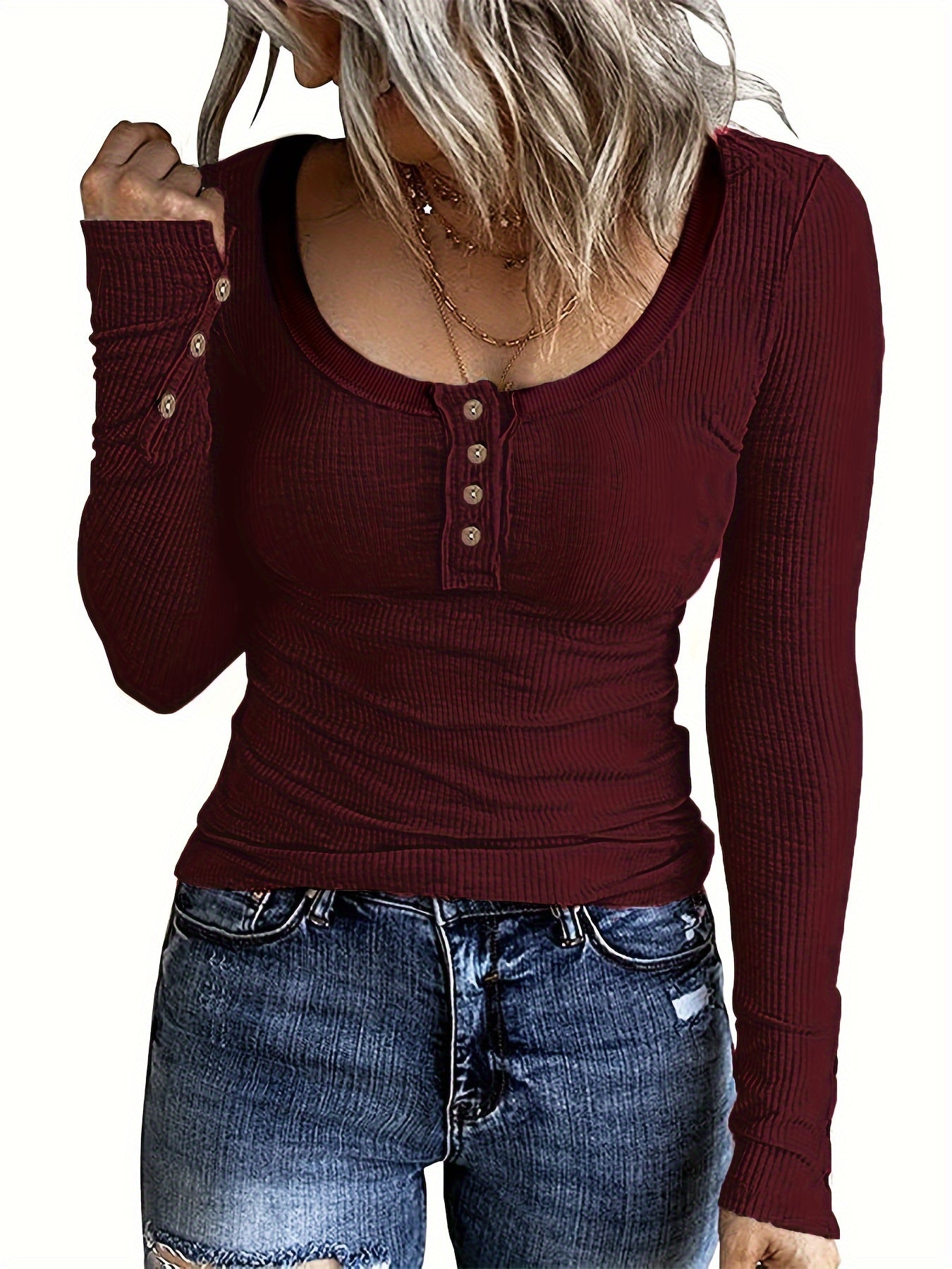 Casual Button Scoop Neck T-shirt, Loose Long Sleeve Slim Fit Fashion T-Shirts Tops, Women's Clothing