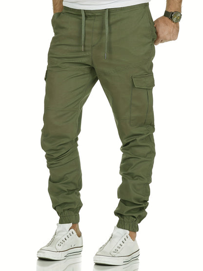 vlovelawSolid Color Multi Flap Pockets Men's Straight Leg Cargo Pants, Loose Drawstring Casual Outdoor Pants, Men's Work Pants For Hiking Fishing Angling