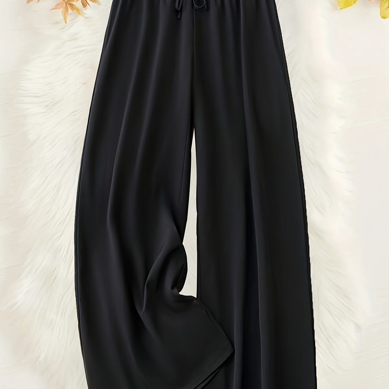 vlovelaw  Plus Size Casual Pants, Women's Plus Solid Drawstring Waist Wide Leg Loose Trousers