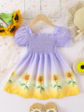 Knee-High Fit and Flare Girls Polyester Floral Princess Dress - Shirred, Puff Sleeve, Machine Washable, Non-Stretch, Casual Summer Dress for 4th of July - Vibrant Ombre Sunflower Pattern, Regular Fit, Woven Fabric