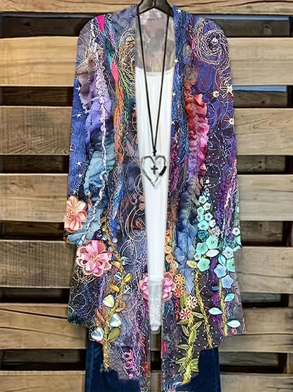 Floral Print Open Front Cardigan, Boho Long Sleeve Cardigan For Spring & Fall, Women's Clothing