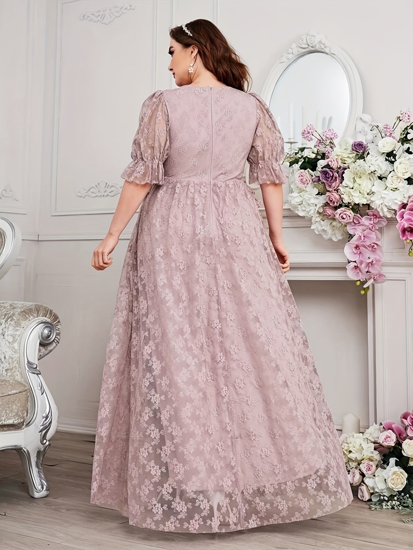 Plus Size Elegant Peplum Bridesmaid Dress - V-Neck, Ruched Lace, Slight Stretch, Floor-Length, Polyester, Hand Wash - Perfect for Wedding Party, Middle East Inspired, All-Season, Embroidered Floral Pattern