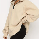 vlovelaw Zipper Oversized Sweatshirts, Casual Drop Shoulder Long Sleeve Solid Pullover, Women's Clothing