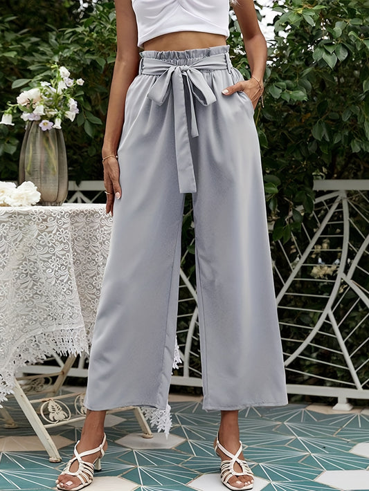 vlovelaw  Boho Smocked Wide Leg Pants, Casual High Waist Tie Front Solid Palazzo Pants, Women's Clothing