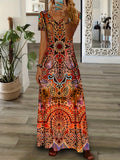 Ethnic Floral Print Dress, Boho V Neck Short Sleeve Maxi Dress, Women's Clothing