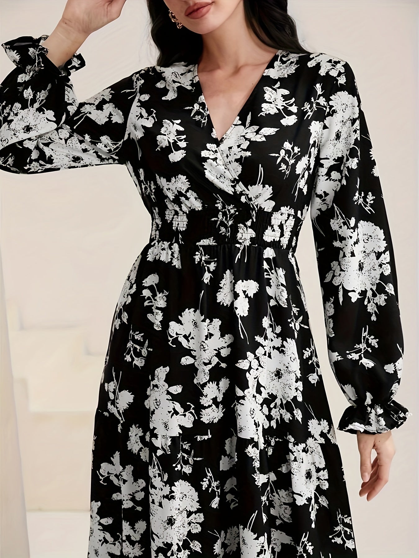 Floral Print Lantern Sleeve Dress, Casual V Neck Cinched Waist Dress For Spring & Fall, Women's Clothing