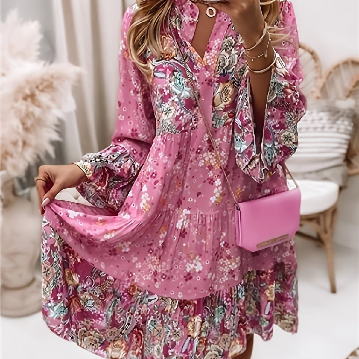 vlovelaw  Floral Print Ruffle Hem Dress, Boho Holiday Long Sleeve V-neck Dress, Women's Clothing