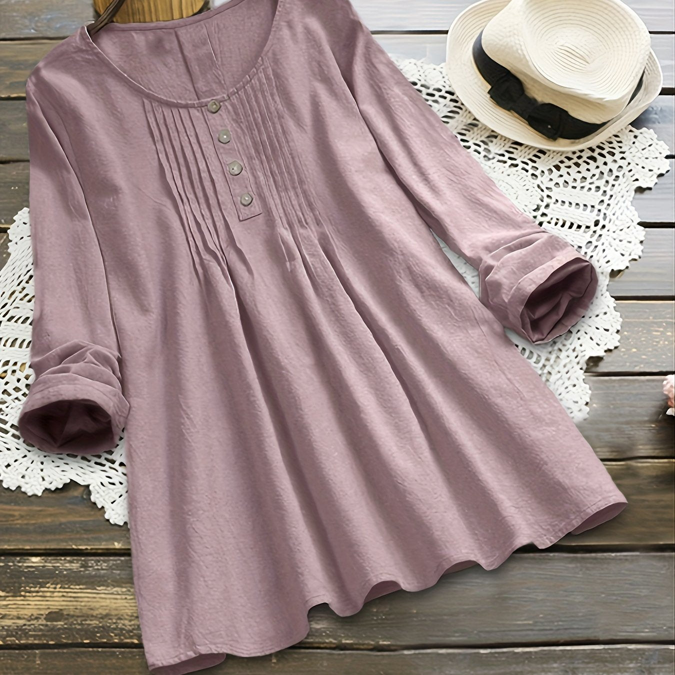 Plus Size Button Decoration Round Neck Oversized Blouse, Women's Plus Ruched Front Women Tops