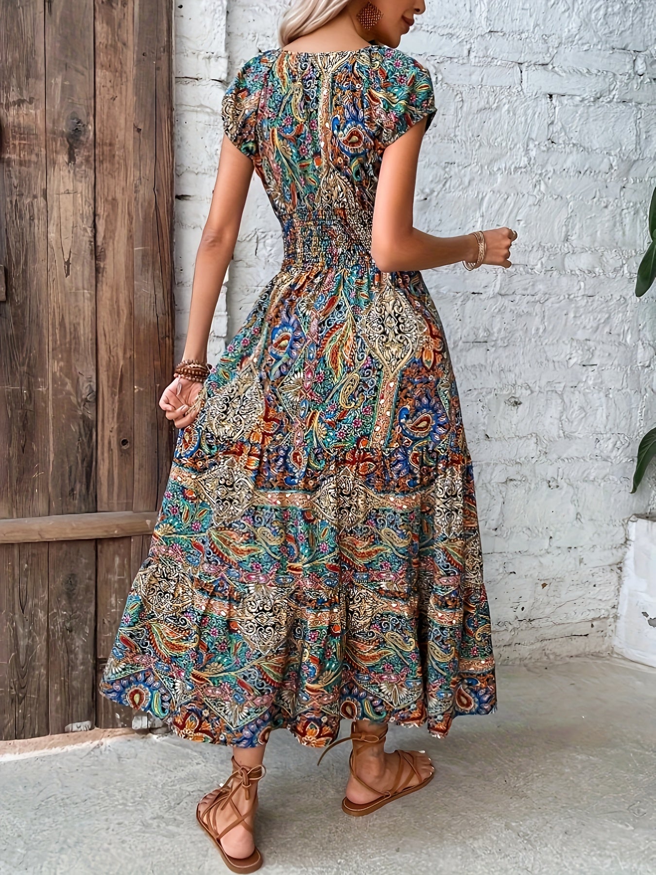 vlovelaw  Paisley Print V Neck Dress, Elegant Short Sleeve Dress For Spring & Summer, Women's Clothing