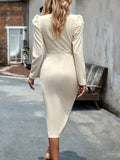 vlovelaw  Tucked Puff Long Sleeve Dress, Elegant Crew Neck Bodycon Party Dress, Women's Clothing