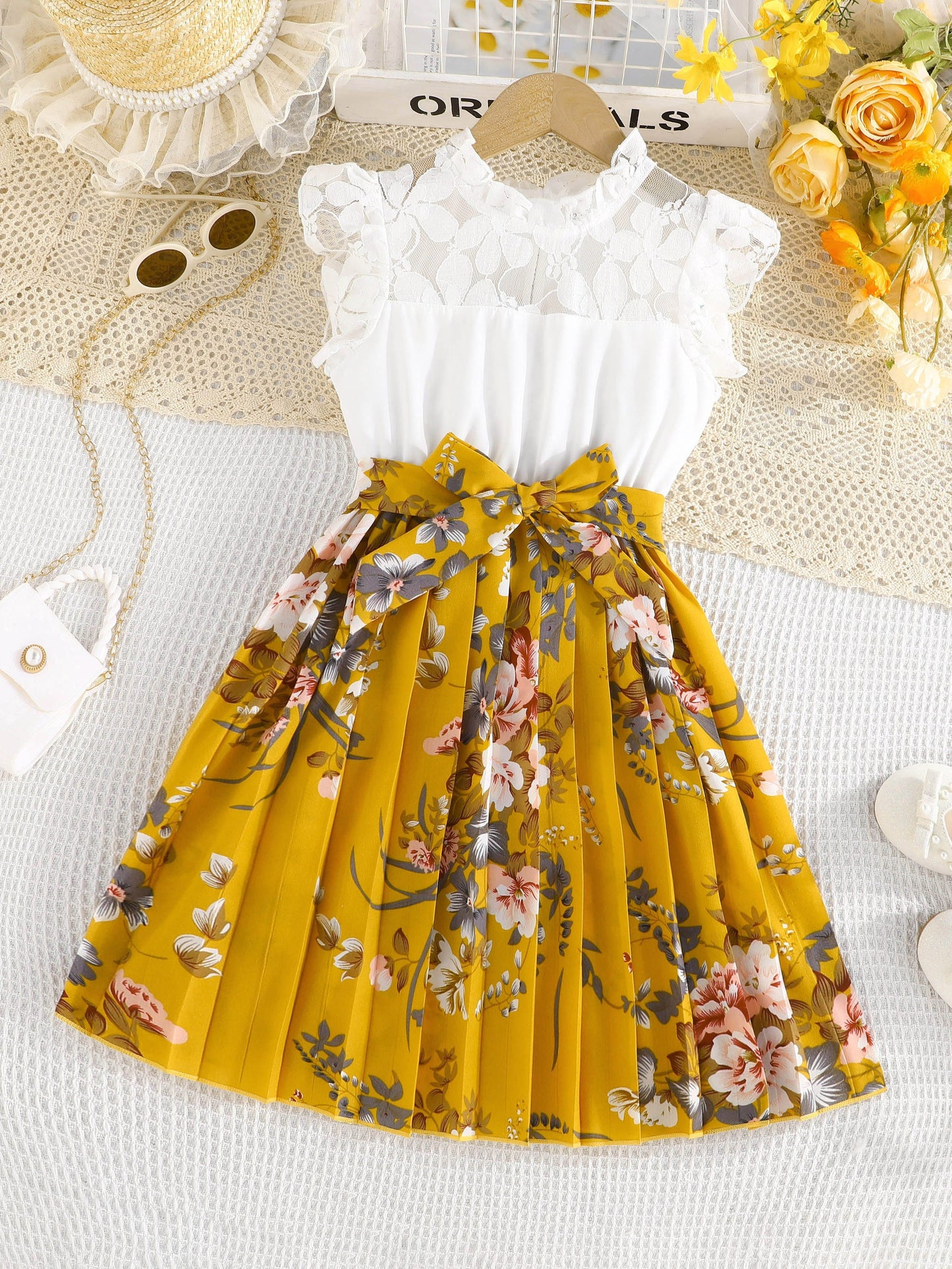 Summer Blooms Girls Dress - Lace Accented Pleated Floral Print with Belt for Holiday Wear