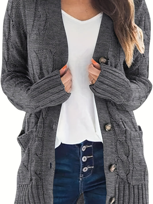 vlovelaw  Cable Knit Button Front Cardigan, Casual Solid Long Sleeve Cardigan For Fall & Winter, Women's Clothing