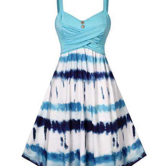 vlovelaw  Tie Dye Criss Cross Dress, Casual Sleeveless Ruffle Dress, Women's Clothing