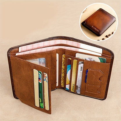 Three-Fold Genuine Leather Mens Wallet - Spacious Card Holder, Durable Top Layer Cowhide, Simple Solid Color Design, Ideal Gift for Men