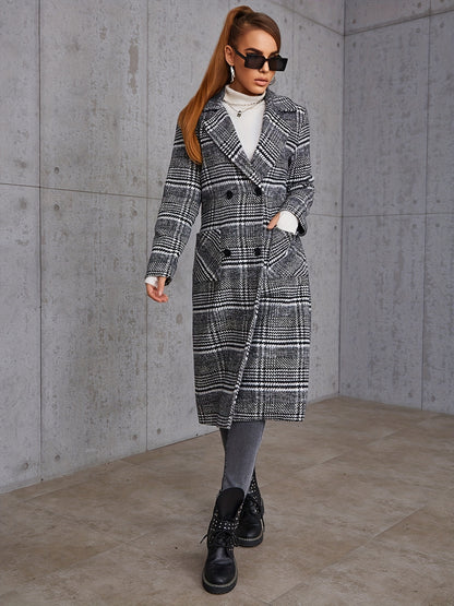 Plaid Print Double Breasted Coat, Elegant Open Front Long Sleeve Outerwear, Women's Clothing