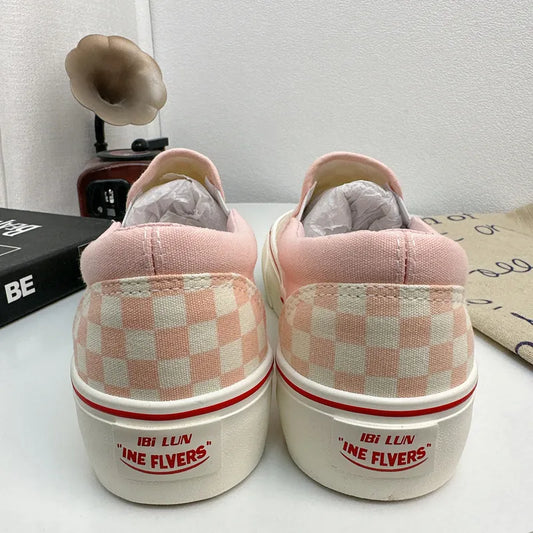 Quality Women Thick Sole Pink Canvas Shoes Checkered Female Black White Checkered Sneaker Slip On Girls Students Casual Shoes