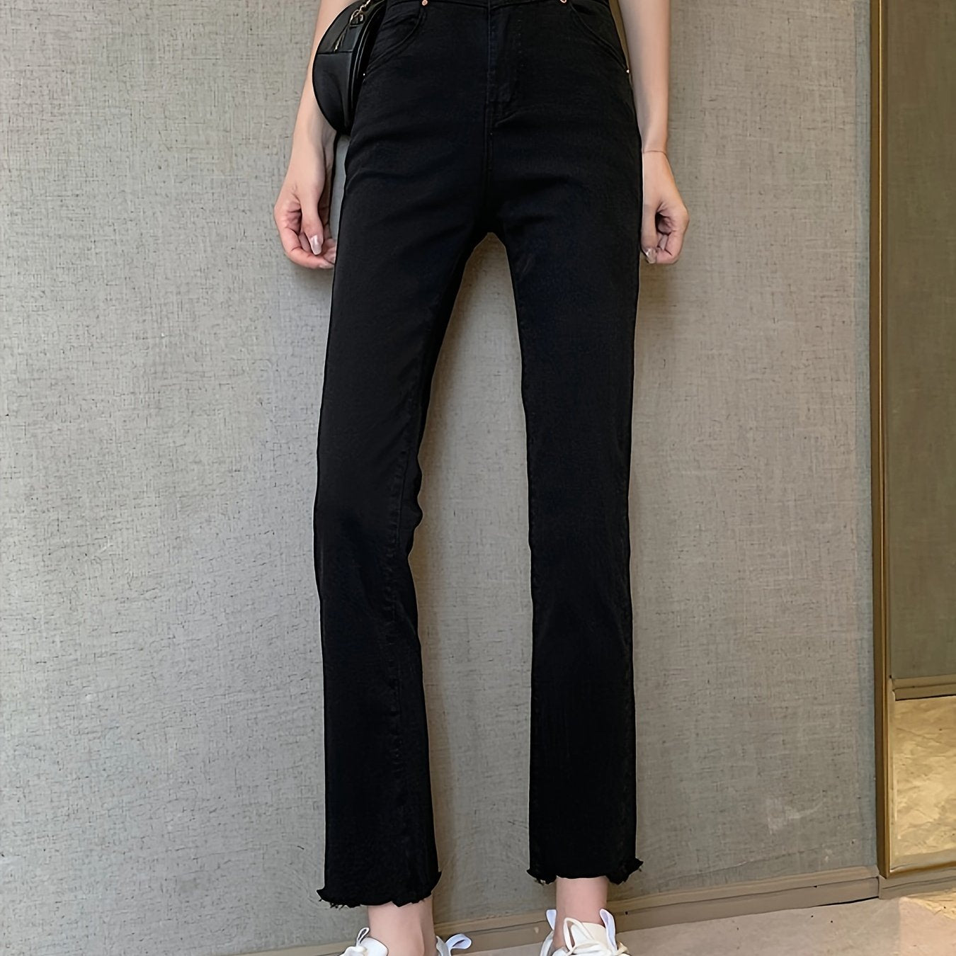 vlovelaw  Black Raw Trim Cropped Jeans, High Waist Fashion Stretchy Casual Denim Pants, Women's Denim Jeans & Clothing