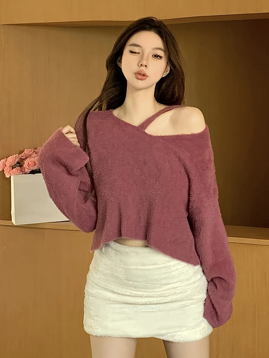 vlovelaw Solid Asymmetrical Neck Knit Top, Versatile Long Sleeve Sweater For Fall & Winter, Women's Clothing