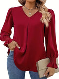 vlovelaw Solid V-neck Simple Blouse, Versatile Lantern Sleeve Blouse For Spring & Fall, Women's Clothing