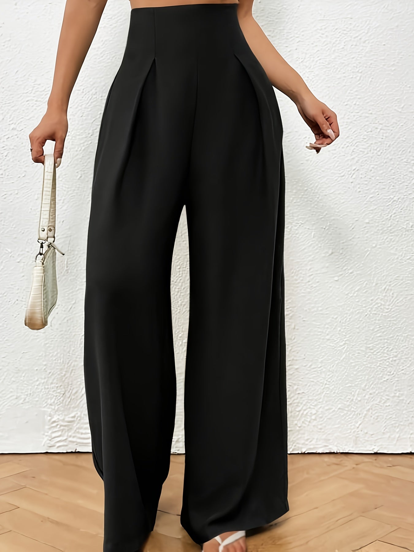 Plus Size Solid Pleated Wide Leg Pants, Casual High Waist Pants, Women's Plus Size Clothing