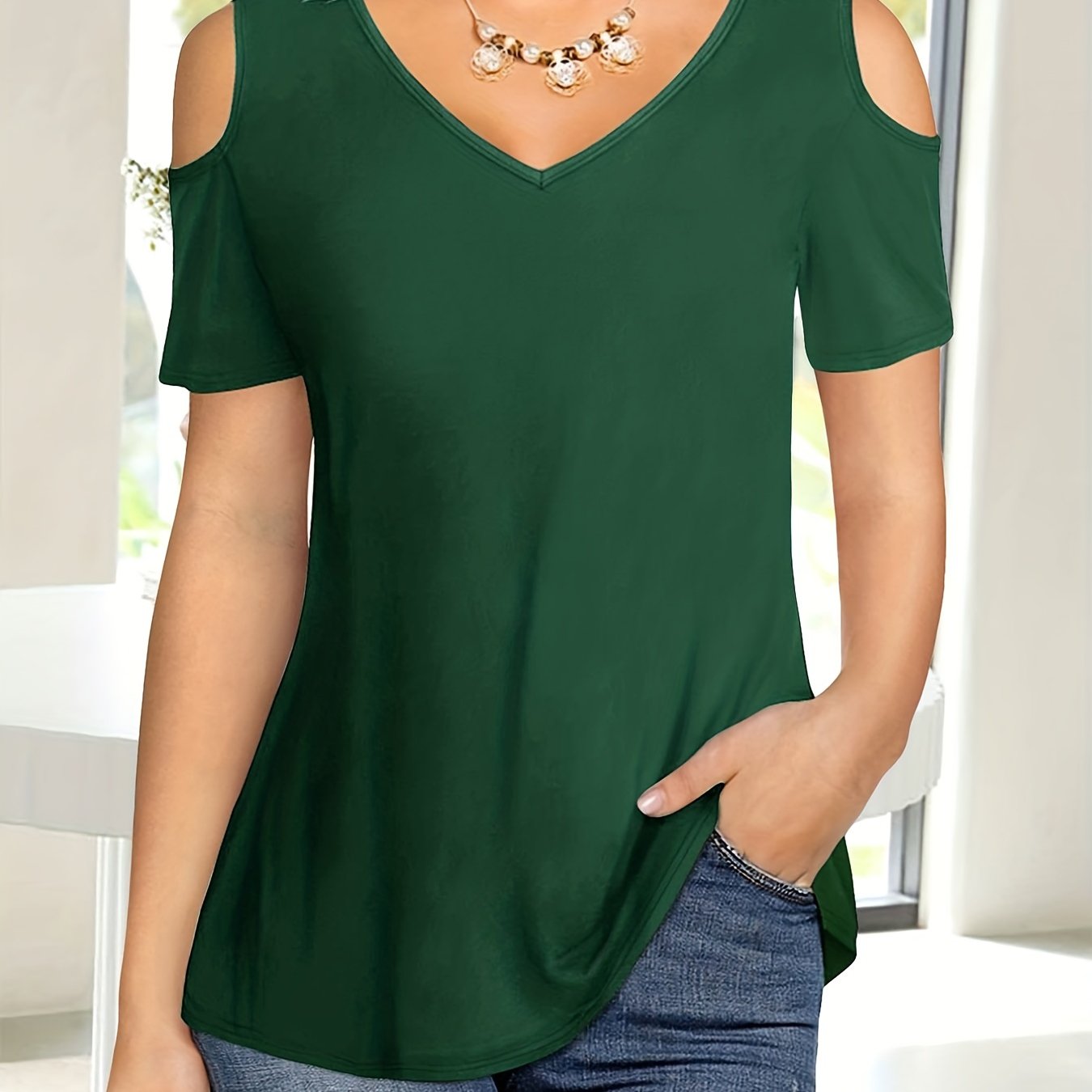 vlovelaw Cold Shoulder V Neck T-Shirt, Casual Short Sleeve T-Shirt For Spring & Summer, Women's Clothing