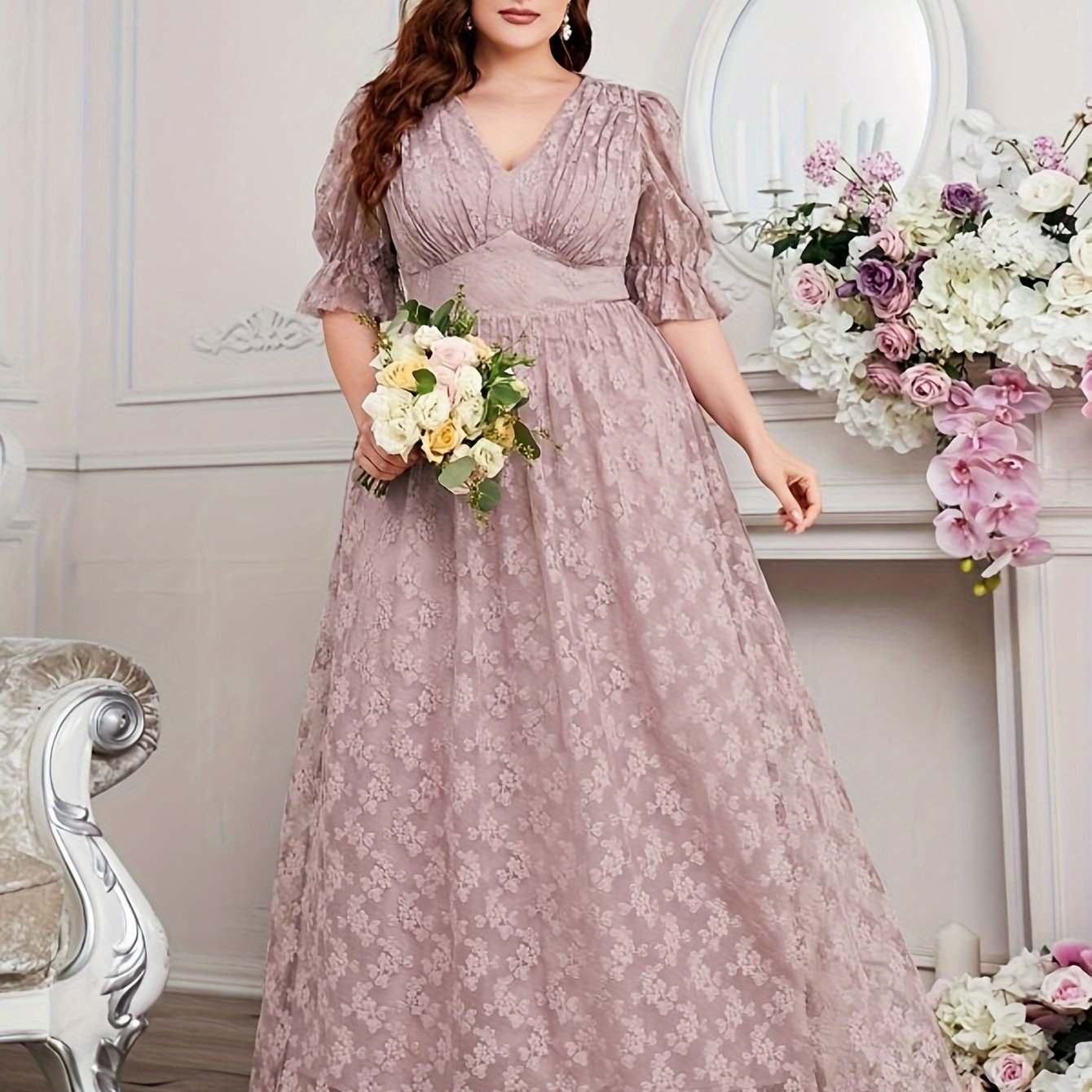 Plus Size Elegant Peplum Bridesmaid Dress - V-Neck, Ruched Lace, Slight Stretch, Floor-Length, Polyester, Hand Wash - Perfect for Wedding Party, Middle East Inspired, All-Season, Embroidered Floral Pattern