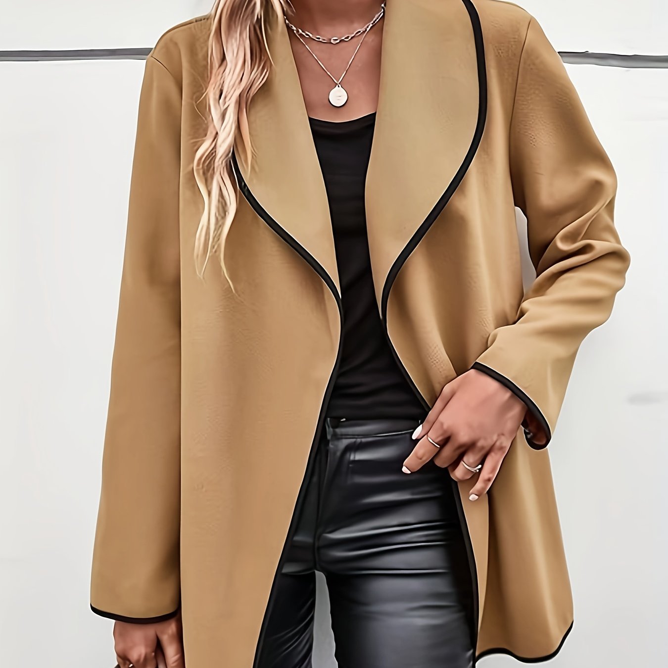 Contrast Trim Open Front Coat, Casual Long Sleeve Coat For Fall & Winter, Women's Clothing