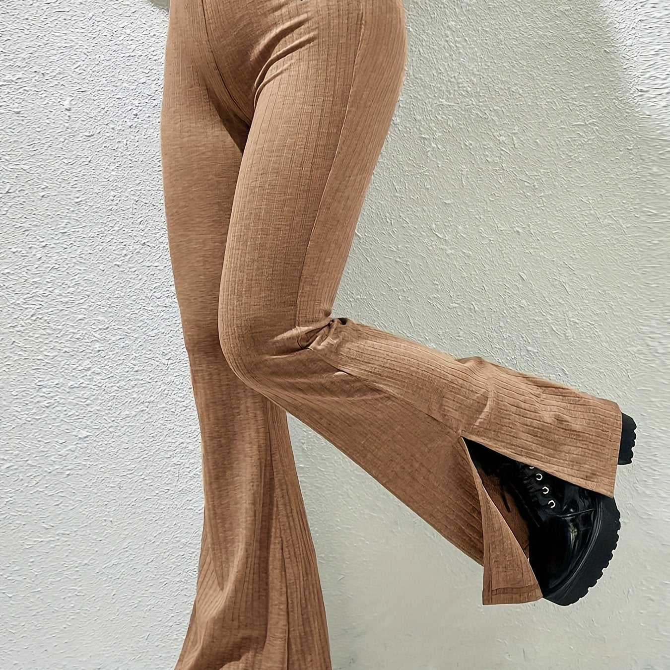 vlovelaw Split Hem Flare Leg Pants, Casual Elastic Waist Letter Patch Ribbed Pants For Spring & Summer, Women's Clothing