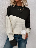 vlovelaw Color Block Loose Pullover Sweater, Elegant Long Sleeve Drop Shoulder Sweater, Women's Clothing