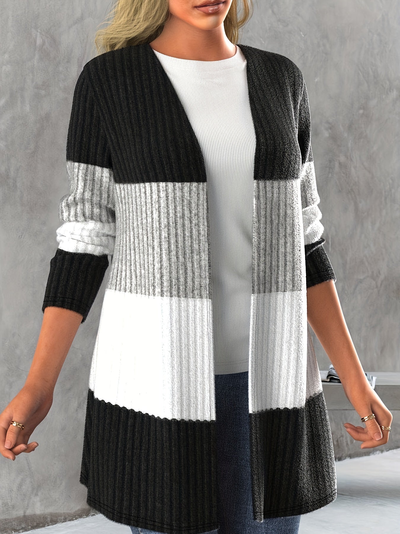 vlovelaw Ribbed Colorblock Open Front Cardigan, Casual Long Sleeve Cover Up Cardigan, Women's Clothing