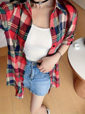 Flattering Plus Size Plaid Blouse for Curvy Women - Stylish Casual Wear with Roll Up Sleeves and Turn Down Collar - Trendy Button Up Print Top